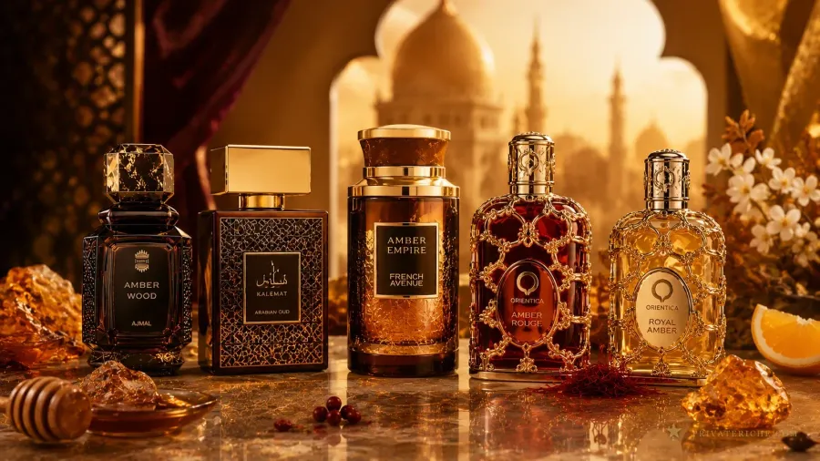 Los mejores perfumes árabes de ámbar en 2026: Ajmal Amber Wood, Arabian Oud Kalemat, French Avenue Amber Empire, Orientica Amber Rouge y Orientica Royal Amber, con resina, miel y azafrán, ante un arco árabe dorado