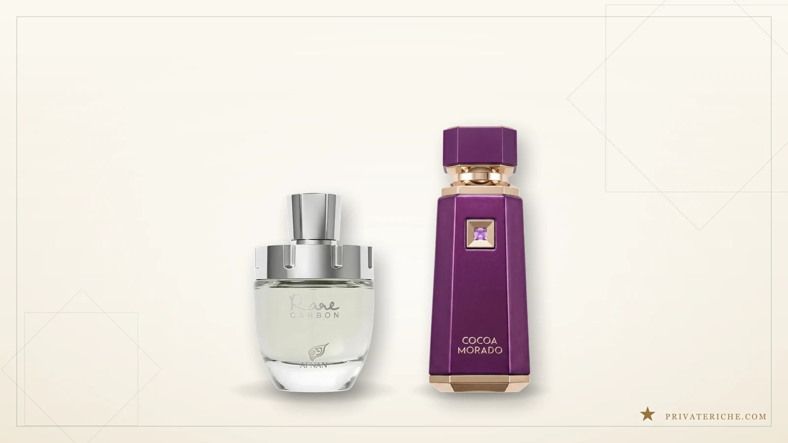 Afnan Rare Carbon y French Avenue Cocoa Morado, un cuero floral elegante frente a un oriental denso con cacao