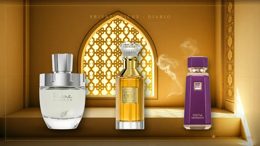 Los mejores perfumes árabes de cuero en 2026: Afnan Rare Carbon, Lattafa Velvet Oud y French Avenue Cocoa Morado, en una biblioteca de maderas oscuras con velas encendidas y un hilo de humo de bakhoor