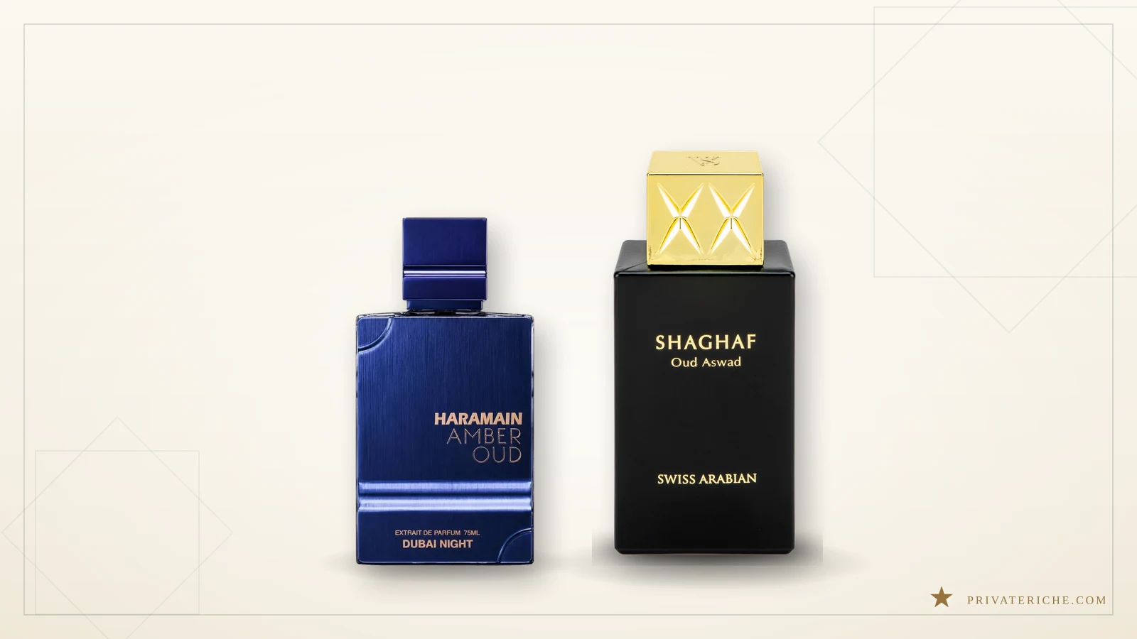 Amber Oud Dubai Night de Al Haramain junto a Shaghaf Oud Aswad de Swiss Arabian, dos perfumes árabes de oud por encima de 50 euros