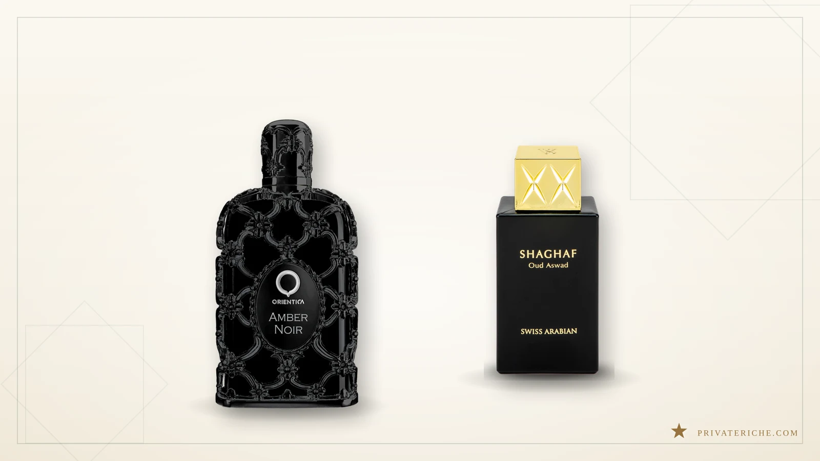 Amber Noir de Orientica junto a Shaghaf Oud Aswad de Swiss Arabian, dos perfumes árabes de más de 50 euros