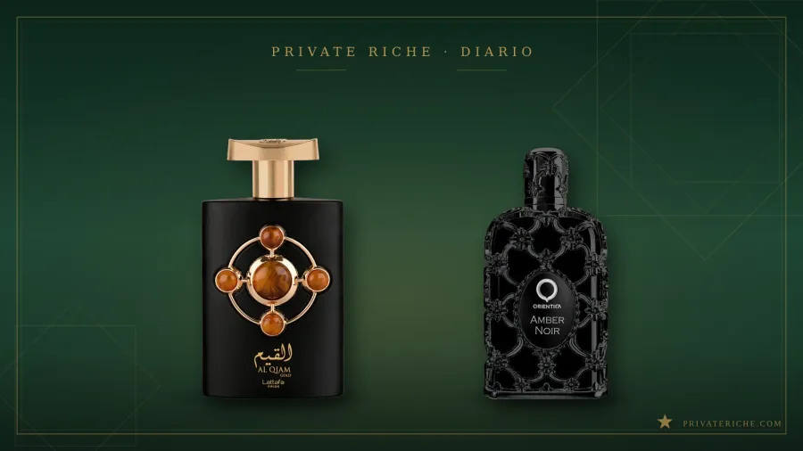 Al Qiam Gold, de Lattafa, y Amber Noir, de Orientica, los dos perfumes árabes más caros del catálogo, sobre fondo verde de marca con motivo de estrella dorada
