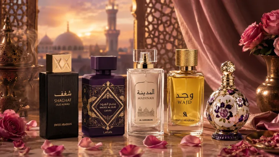 Los cinco perfumes árabes de rosa de la guía —Shaghaf Oud Aswad y Wajd de Swiss Arabian, Bade'e Al Oud Amethyst de Lattafa, Madinah de Al Haramain y Layali de Swiss Arabian— junto a rosas y pétalos, con una mezquita al atardecer de fondo