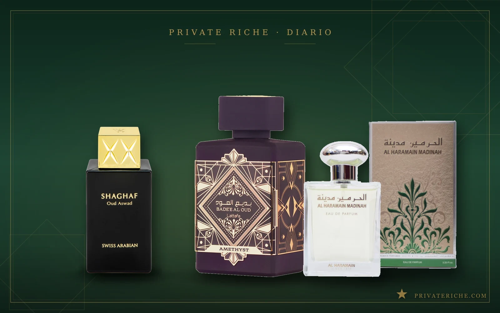 Los mejores perfumes árabes de rosa en 2026: Swiss Arabian Shaghaf Oud Aswad, Lattafa Bade'e Al Oud Amethyst y Al Haramain Madinah, con rosa de Taif, oud y ámbar, ante un fondo verde y dorado de perfumería árabe