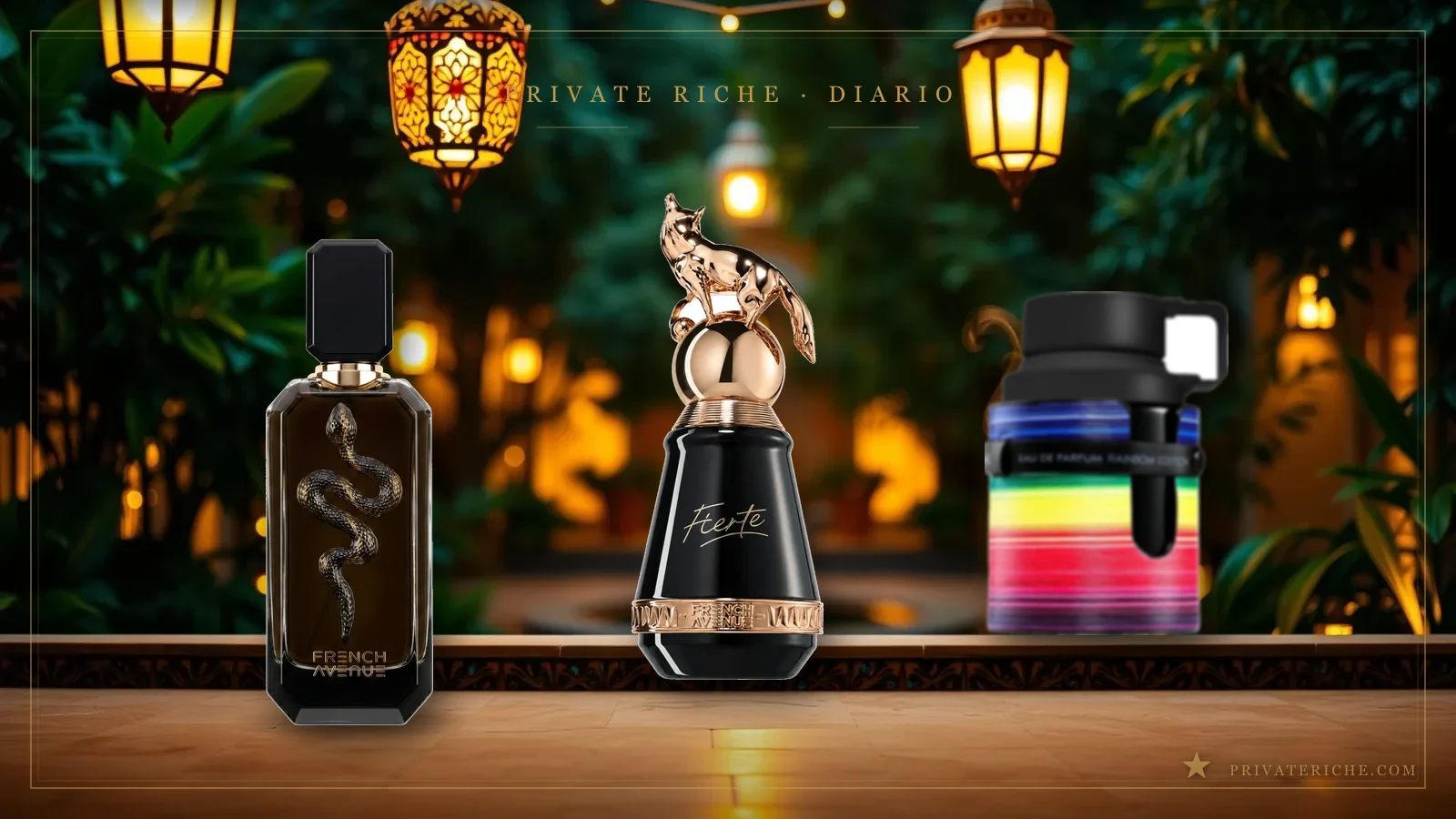 Los mejores perfumes árabes de tabaco en 2026: French Avenue Veneno, French Avenue Fierte y Armaf Odyssey Spectra, en un salón árabe con lámpara de araña dorada y ambiente cálido
