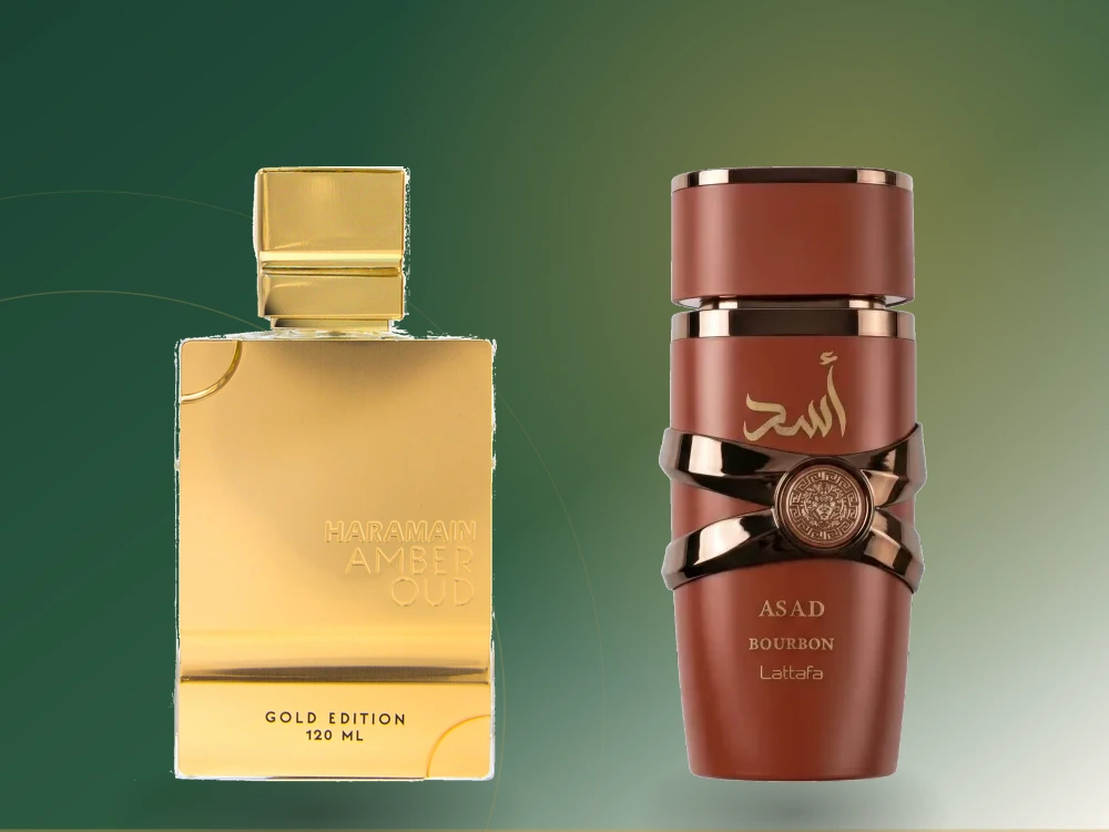 Amber Oud Gold Edition de Al Haramain junto a Asad Bourbon de Lattafa, dos perfumes árabes de vainilla y ámbar