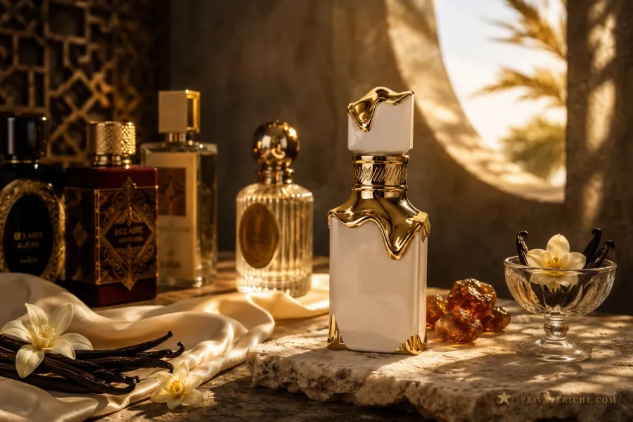 Frasco blanco y dorado de perfume árabe de vainilla junto a vainas de vainilla natural, flor y resina de ámbar, con otros perfumes árabes desenfocados al fondo