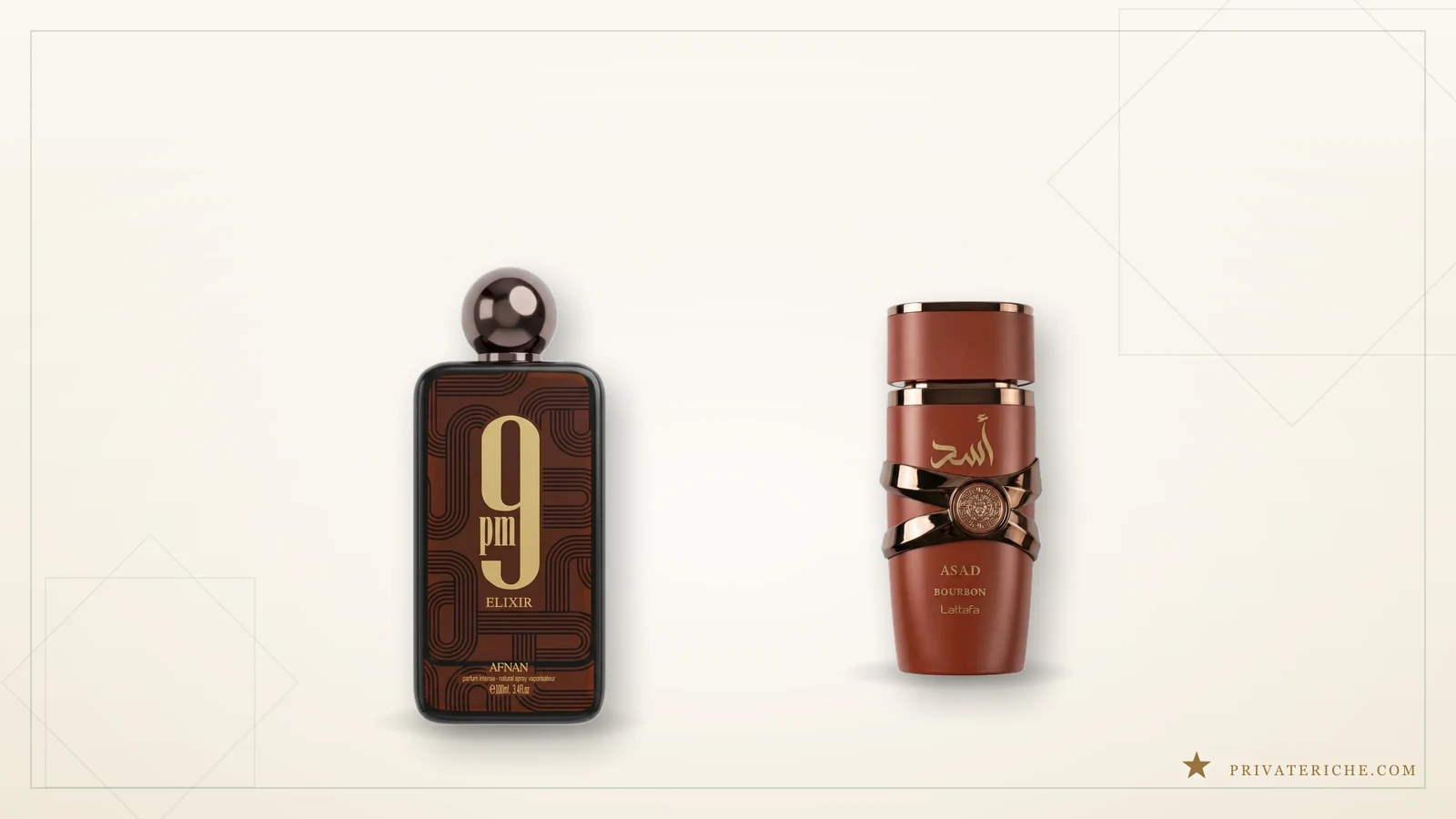 Afnan 9PM Elixir y Lattafa Asad Bourbon, dos perfumes árabes especiados con pimiento, cardamomo y nuez moscada