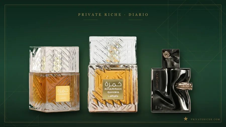Los mejores perfumes árabes especiados en 2026: Lattafa Khamrah, Khamrah Qahwa y French Avenue Spectre Ghost, con canela, café y cardamomo, ante un fondo verde y dorado de perfumería árabe