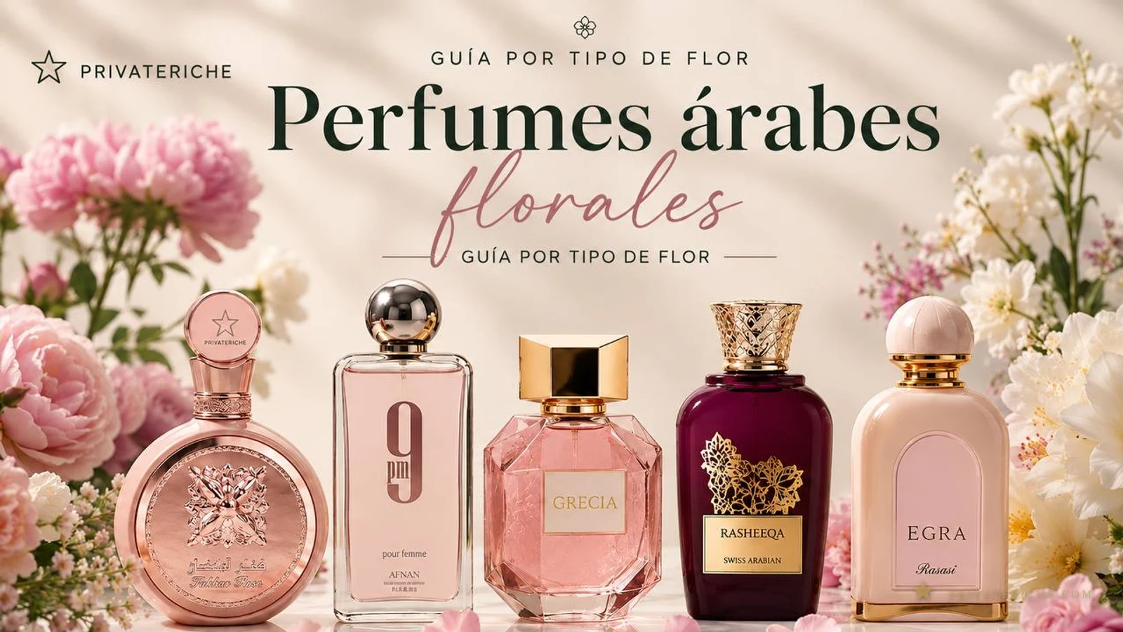 Los mejores perfumes árabes florales en 2026: Lattafa Fakhar Rose, French Avenue Grecia y Afnan 9pm Pour Femme, con jazmín, tuberosa y violeta, ante un fondo verde y dorado de perfumería árabe