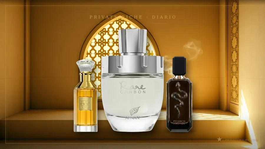 Frascos de Lattafa Velvet Oud, Afnan Rare Carbon y French Avenue Veneno, tres perfumes árabes oscuros e intensos para Halloween, sobre fondo dorado con celosía árabe iluminada