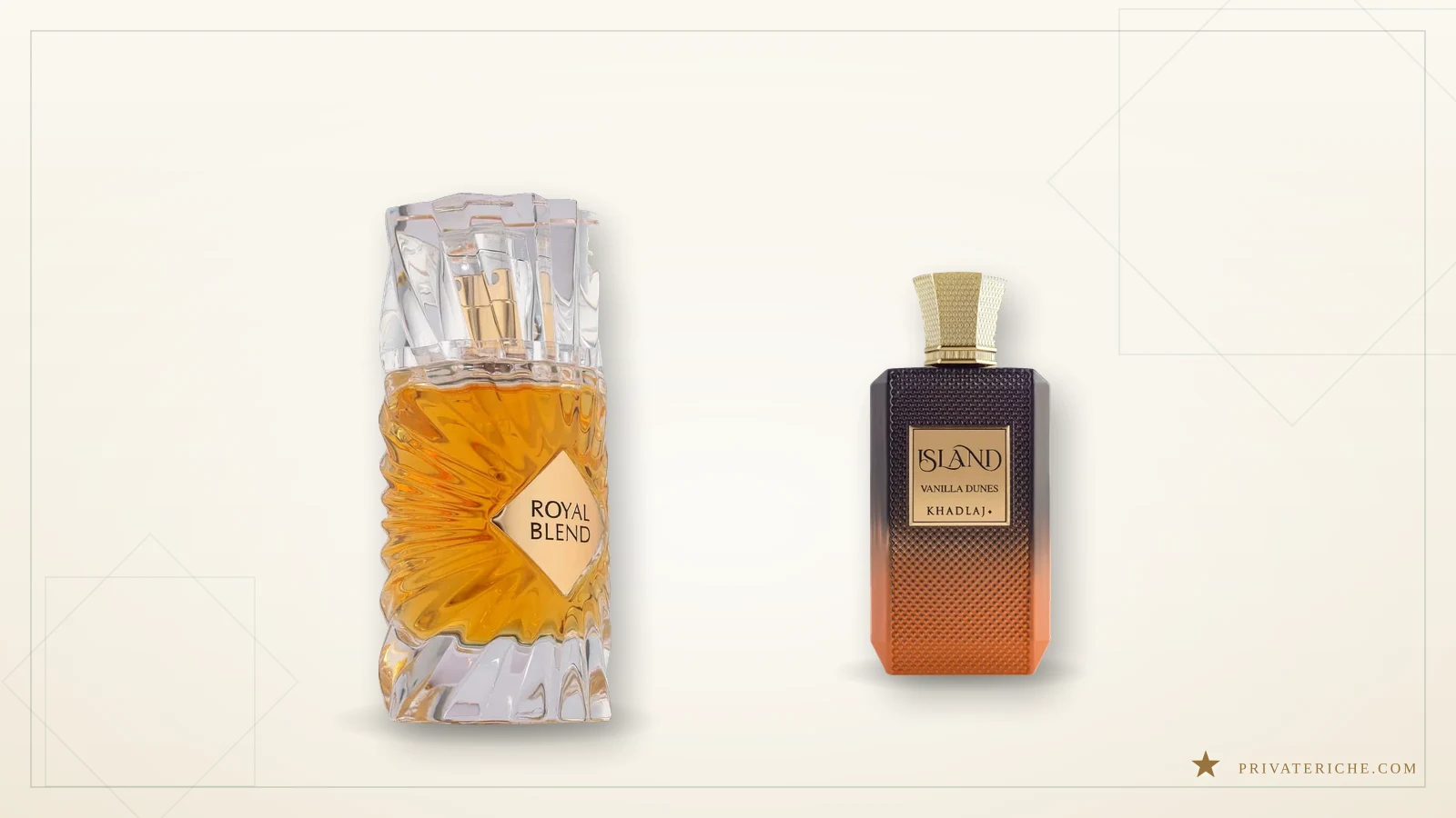 Royal Blend de French Avenue e Island Vanilla Dunes de Khadlaj, dos de los perfumes árabes mejor valorados en Fragrantica dentro de nuestro catálogo