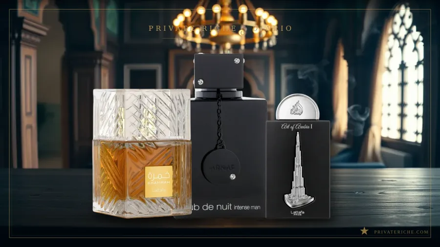 Khamrah de Lattafa, Club de Nuit Intense Man de Armaf y Art of Arabia I de Lattafa, tres de los perfumes árabes mejor valorados y más votados en Fragrantica, en un ambiente de perfumería árabe de lujo
