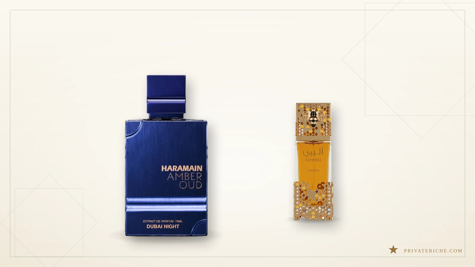 Al Haramain Amber Oud Dubai Night y Lattafa Atheeri, perfumes árabes para él y para ella en Nochevieja