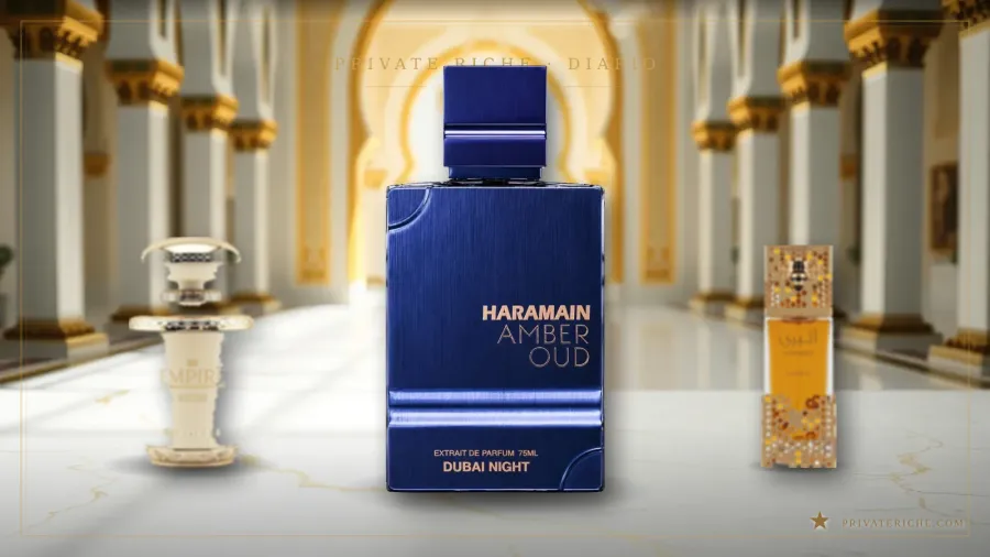 Khadlaj Empire Victor, Al Haramain Amber Oud Dubai Night y Lattafa Atheeri, tres perfumes árabes para Nochevieja, sobre un fondo de palacio árabe dorado