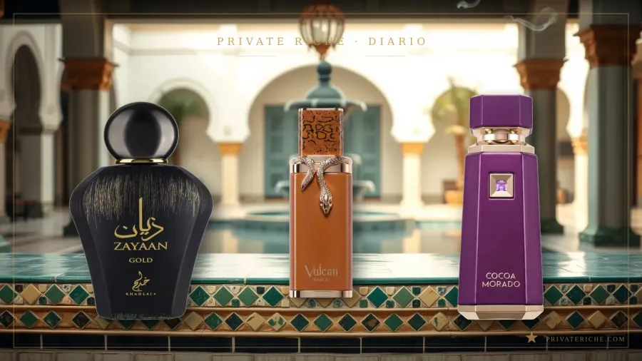 Zayaan Gold de Khadlaj, Vulcan Sable y Cocoa Morado de French Avenue, tres de los perfumes árabes de otoño de esta guía, sobre el borde de una fuente en un patio de arcos