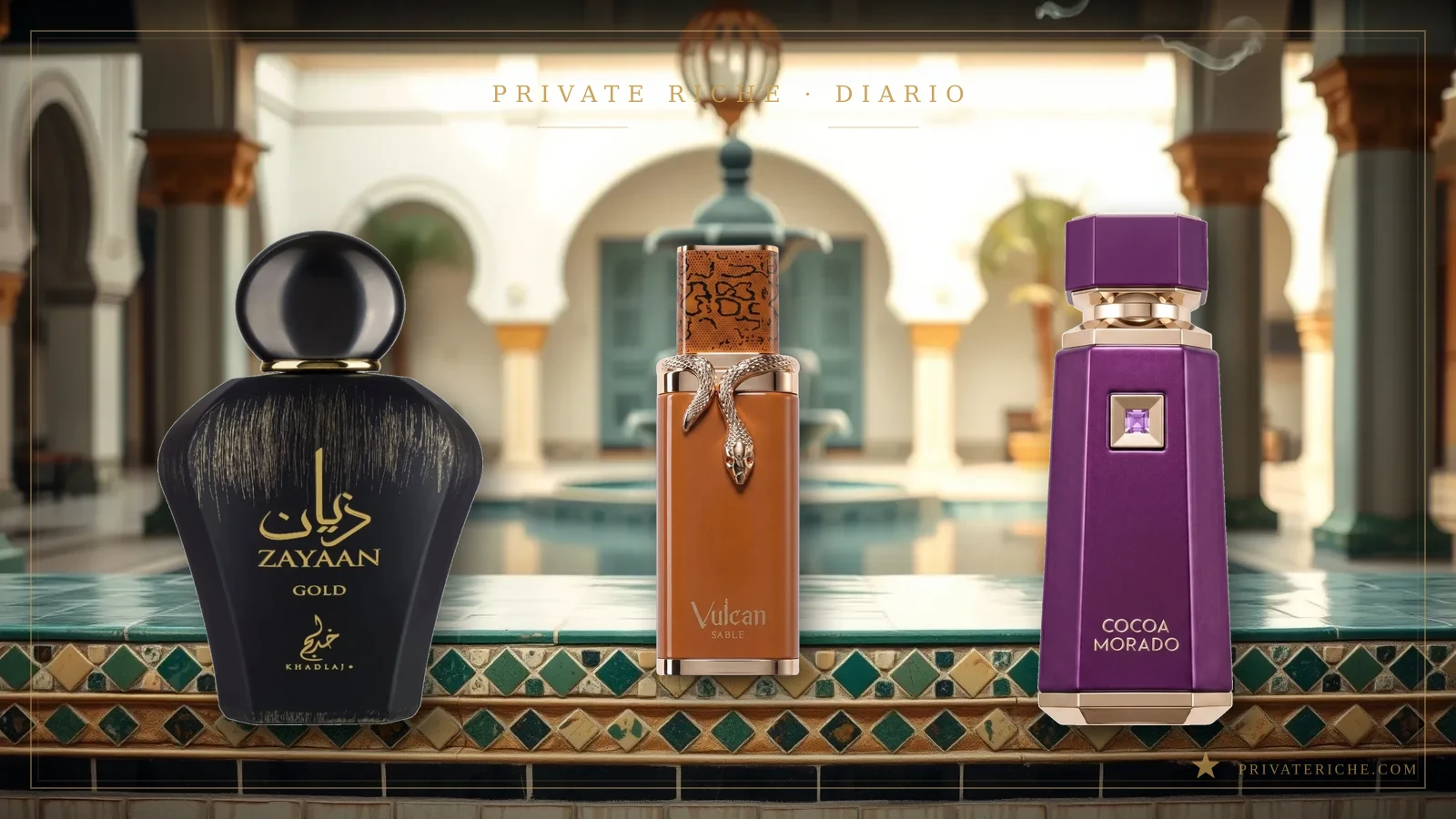 Zayaan Gold de Khadlaj, Vulcan Sable y Cocoa Morado de French Avenue, tres de los perfumes árabes de otoño de esta guía, sobre el borde de una fuente en un patio de arcos