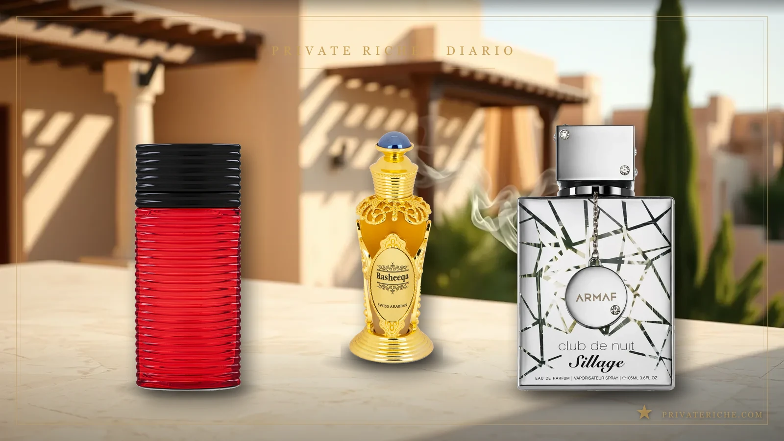 Tres perfumes árabes elegantes para boda de Swiss Arabian, Rasasi y Armaf sobre travertino dorado, ambientación de perfumería árabe de lujo