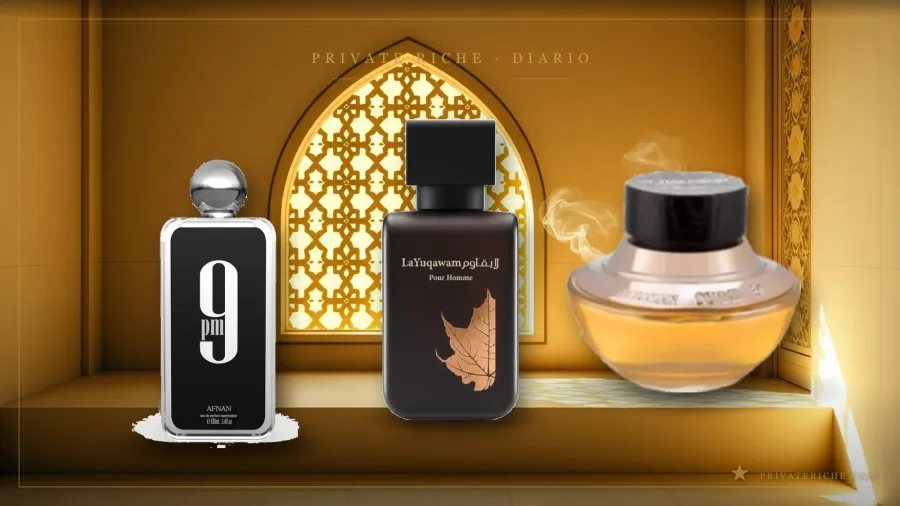 Afnan 9PM, Rasasi La Yuqawam y Al Haramain Oudh 36, tres perfumes árabes de alta proyección recomendados para la noche, sobre fondo de identidad de marca