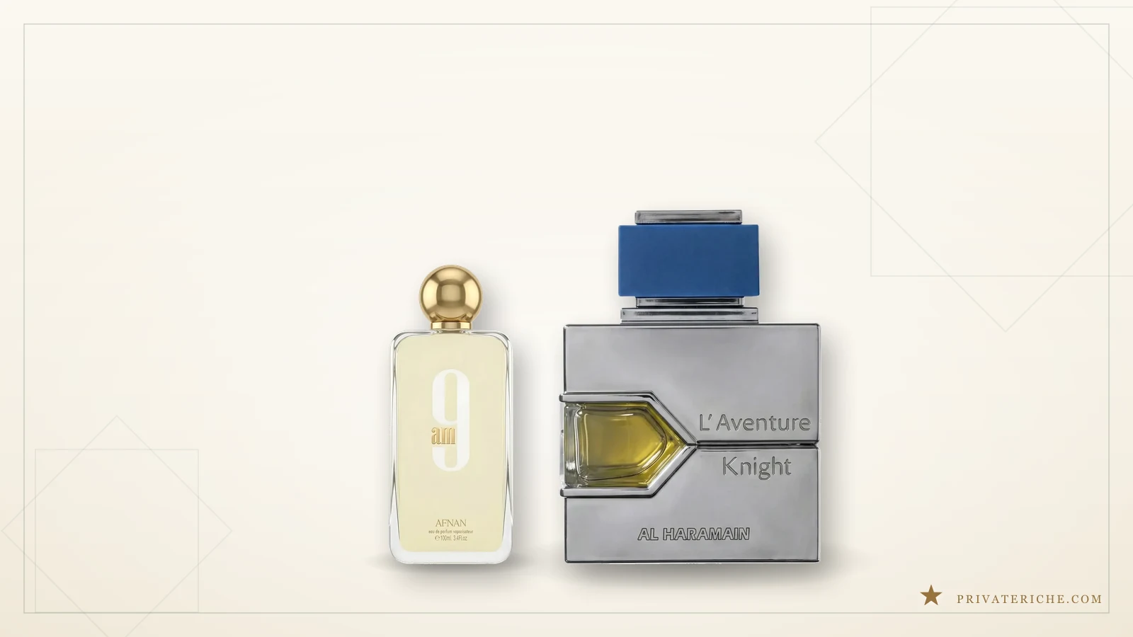 Afnan 9am y Al Haramain L'Aventure Knight, dos perfumes árabes cítricos y amaderados discretos para la oficina