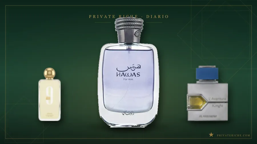 Afnan 9am, Rasasi Hawas y Al Haramain L'Aventure Knight, tres perfumes árabes discretos recomendados para la oficina, sobre fondo de identidad de marca