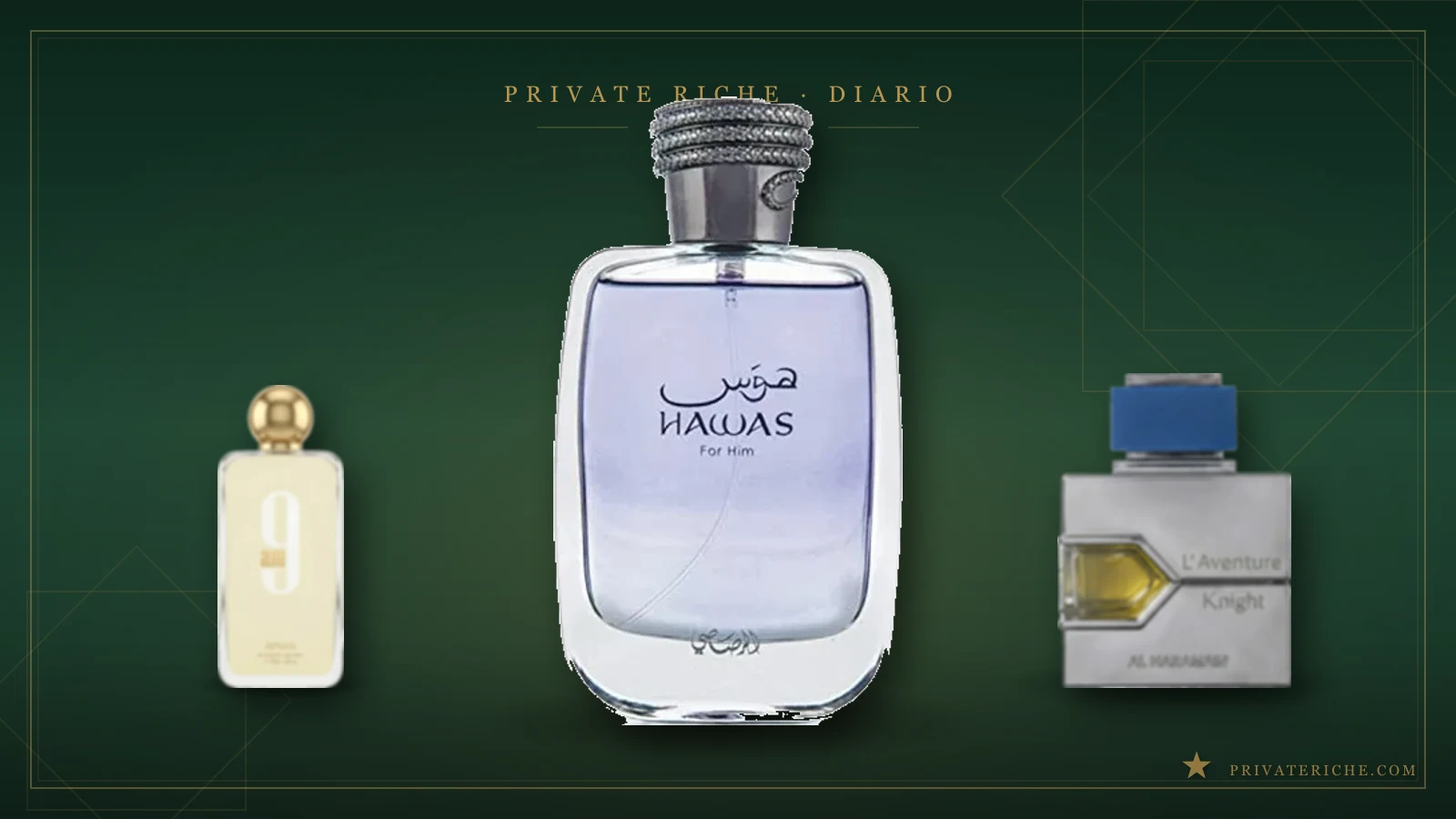 Afnan 9am, Rasasi Hawas y Al Haramain L'Aventure Knight, tres perfumes árabes discretos recomendados para la oficina, sobre fondo de identidad de marca