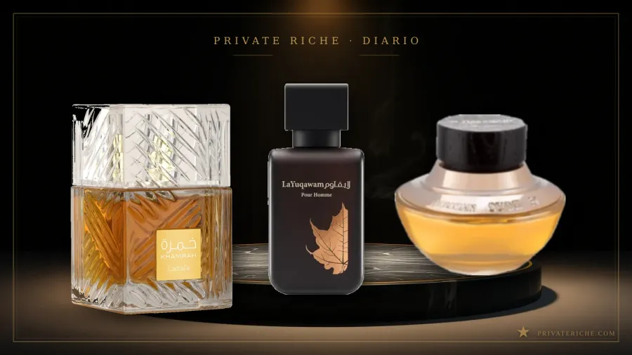 Frascos de Lattafa Khamrah, Rasasi La Yuqawam y Al Haramain Oudh 36, tres de los perfumes árabes que más duran en la piel, sobre fondo verde de Private Riche