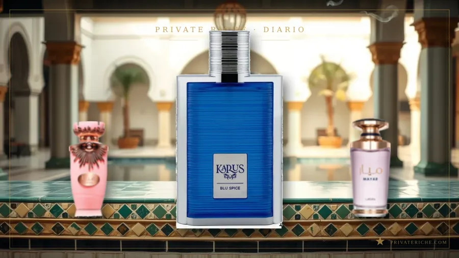 Frascos de Lattafa Haya, Khadlaj Karus Blu Spice y Lattafa Mayar, perfumes árabes económicos para la vuelta al cole, sobre un patio andalusí de mármol y azulejo verde