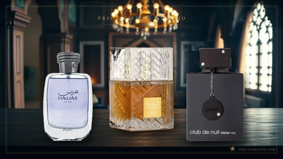 Rasasi Hawas, Lattafa Khamrah y Armaf Club de Nuit Intense Man, tres perfumes árabes con pirámides olfativas muy distintas, sobre un fondo de madera y latón de Private Riche