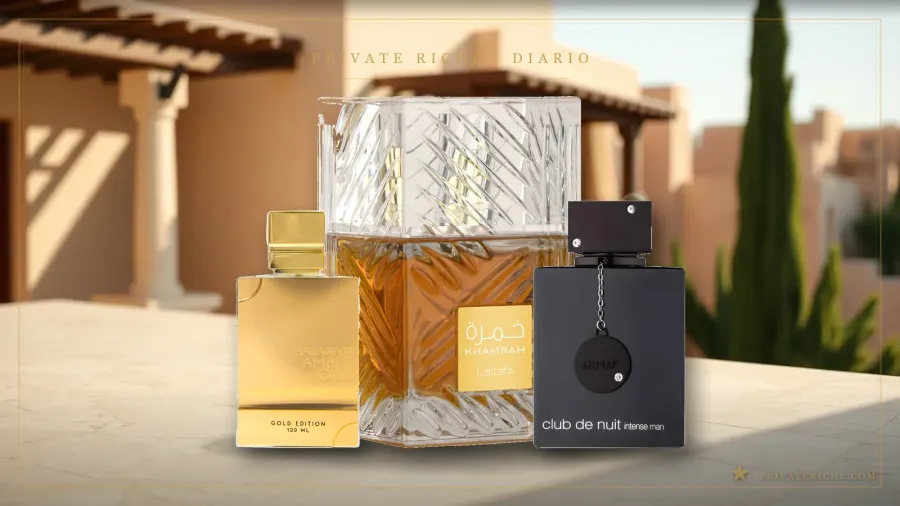 Al Haramain Amber Oud Gold Edition, Lattafa Khamrah y Armaf Club de Nuit Intense Man, tres perfumes árabes de larga duración, en un patio de travertino al atardecer