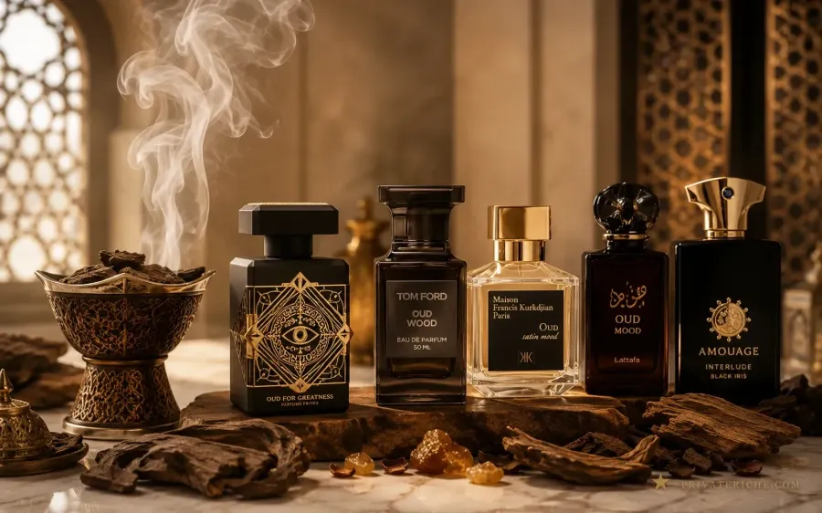 Varios perfumes de oud alineados sobre mármol junto a trozos de madera de agarwood y un quemador de bakhoor humeante, en un ambiente de perfumería árabe de lujo