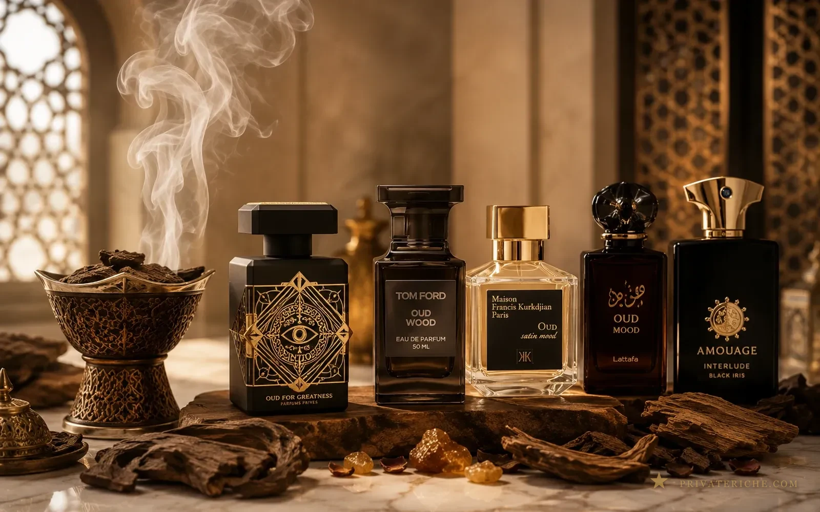 Varios perfumes de oud alineados sobre mármol junto a trozos de madera de agarwood y un quemador de bakhoor humeante, en un ambiente de perfumería árabe de lujo
