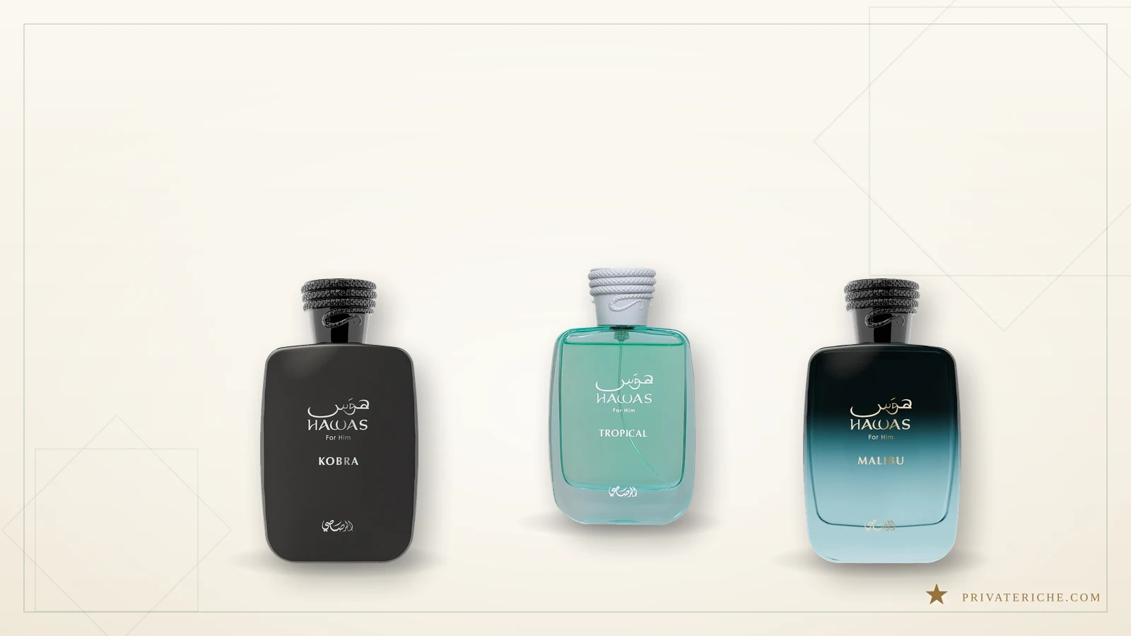 Rasasi Hawas Kobra, Hawas Tropical y Hawas Malibu, los tres perfumes de la línea Hawas lanzados en 2025