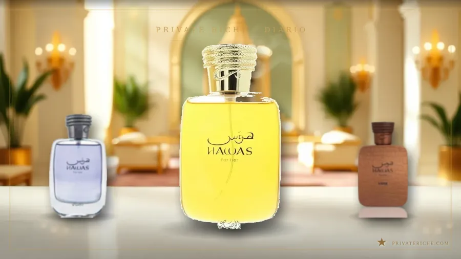 Rasasi Hawas, Hawas for Her y Hawas Viper, tres de los nueve perfumes de la línea Hawas de Rasasi, en un ambiente de perfumería árabe de lujo