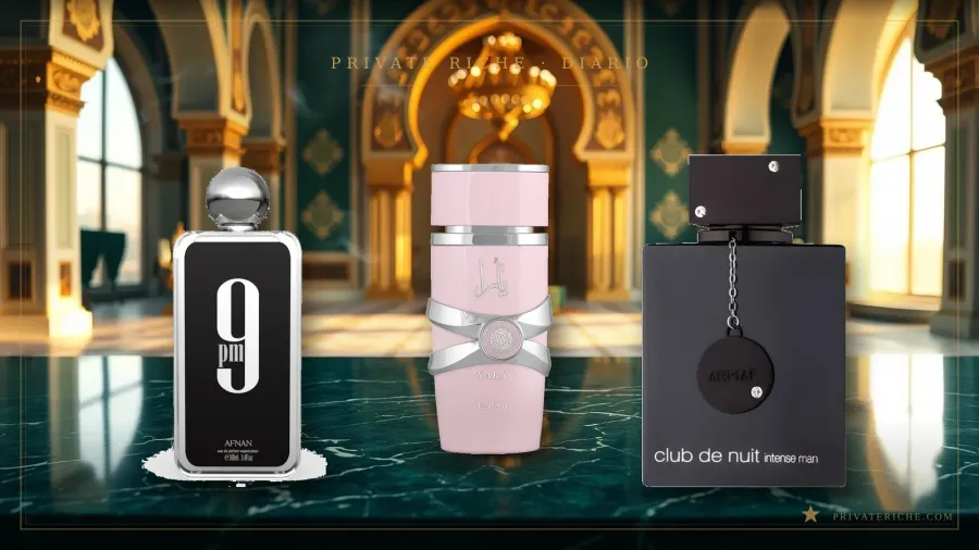 Afnan 9pm, Lattafa Yara y Armaf Club de Nuit Intense Man, tres perfumes árabes seguros para regalar, sobre fondo verde y dorado de Private Riche