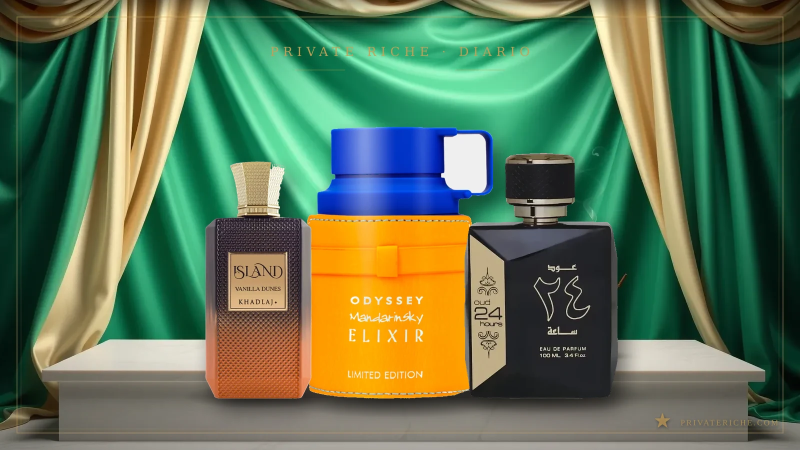 Khadlaj Island Vanilla Dunes, Armaf Odyssey Mandarin Sky Elixir y Swiss Arabian Oud 24 Hours, tres perfumes árabes para regalar en Reyes, sobre fondo verde y dorado de Private Riche
