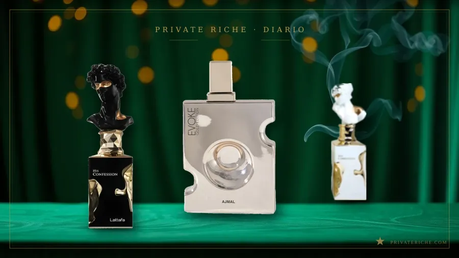 Lattafa His Confession, Ajmal Evoke Gold Edition y Lattafa Her Confession, tres perfumes árabes para regalar en Navidad, sobre fondo verde y dorado de Private Riche