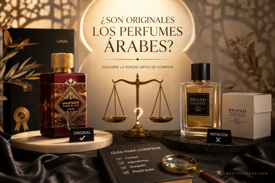 ¿Son originales los perfumes árabes? Comparativa visual entre un frasco original de Lattafa Badee Al Oud y una imitación genérica, con una balanza y una guía de compra para distinguirlos
