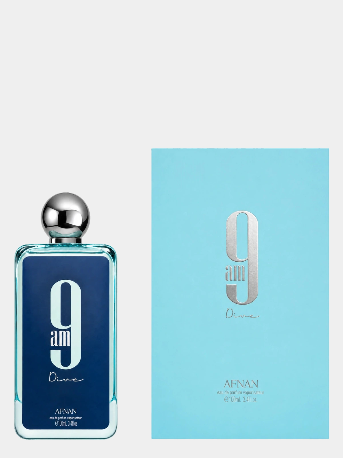 Afnan 9AM Dive · Eau de Parfum 100 ml · para Hombre — frasco junto a su caja