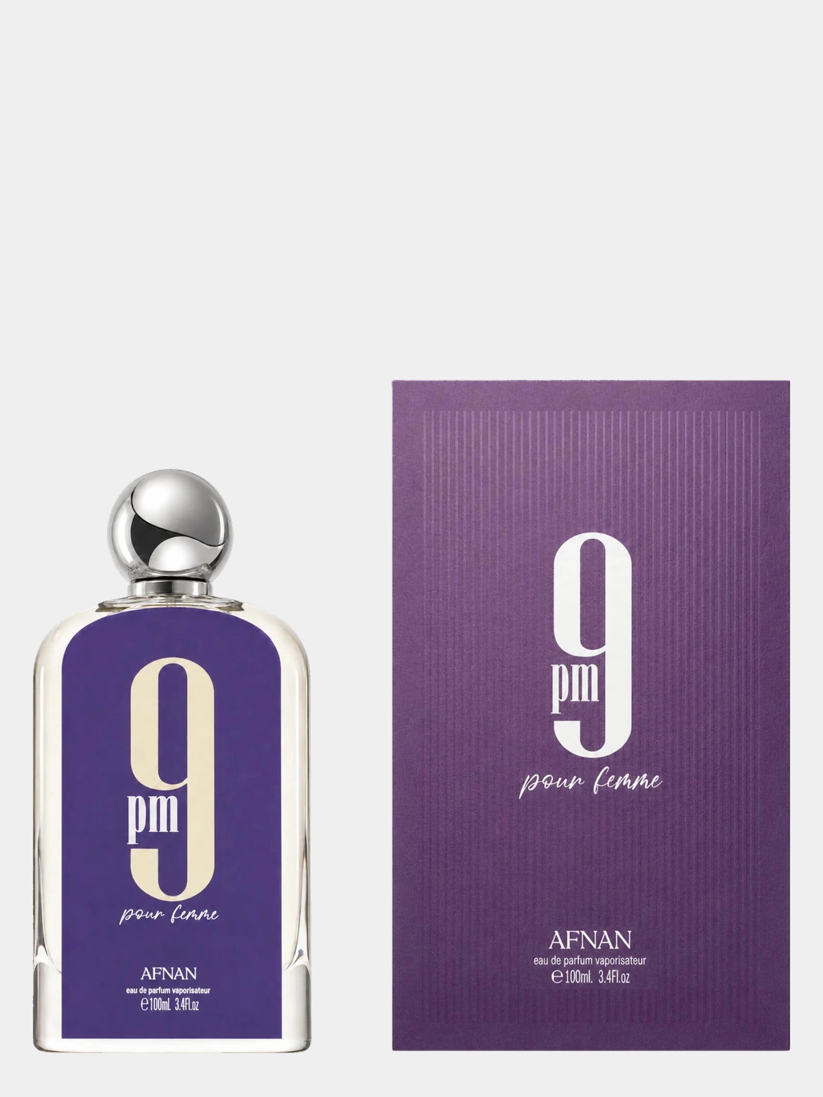 Afnan 9PM Pour Femme · Eau de Parfum 100 ml · para Mujer — frasco junto a su caja