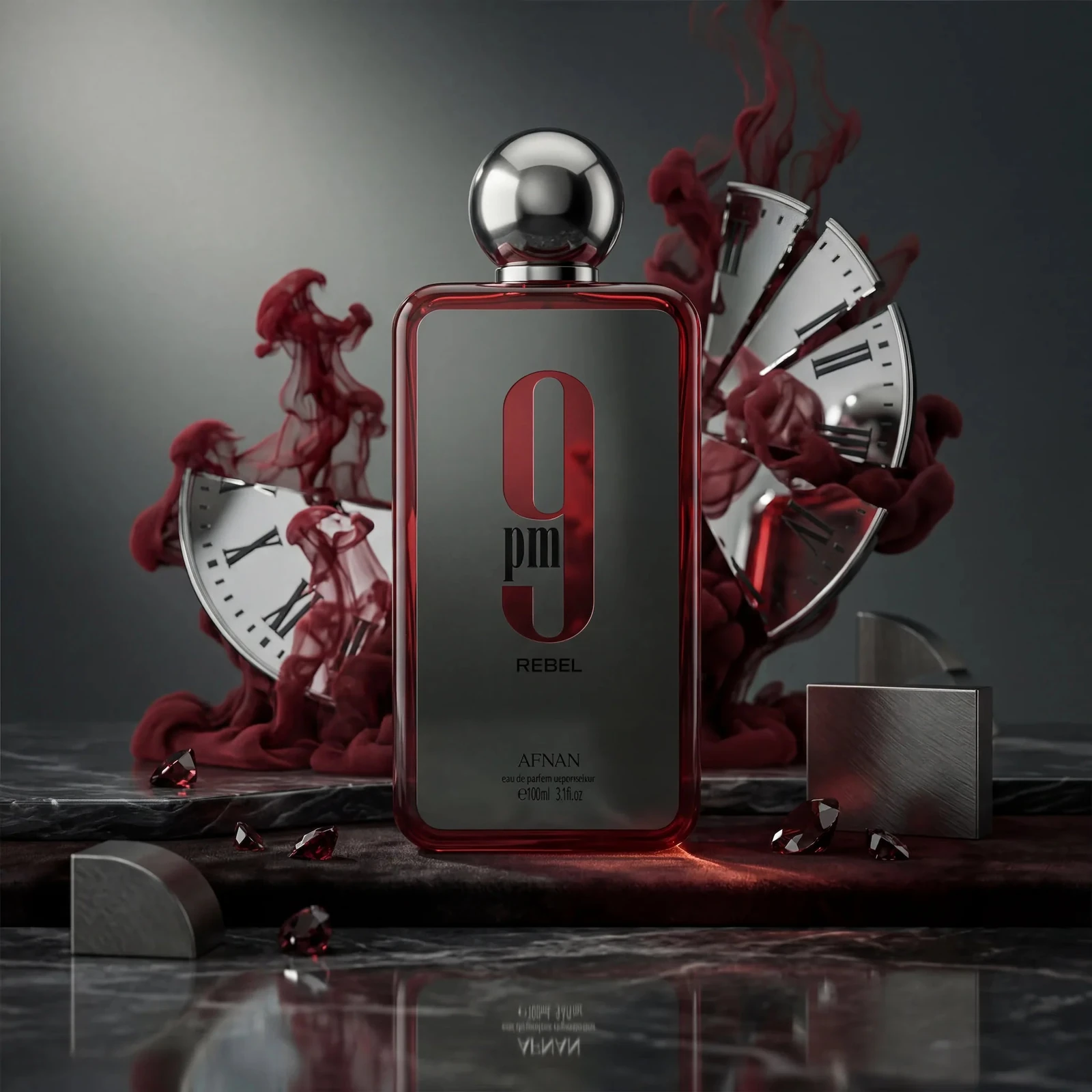 Afnan 9PM Rebel · Eau de Parfum 100 ml · para Hombre — el frasco fotografiado en una escena de ambiente