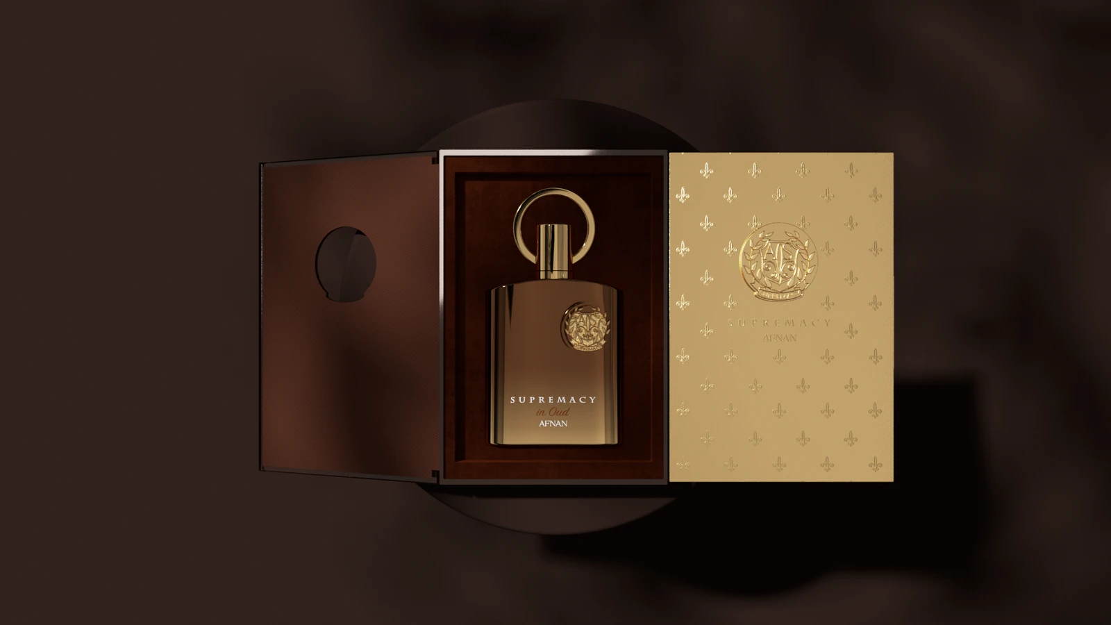 Afnan Supremacy in Oud · Extrait de Parfum 100 ml · Unisex — el estuche abierto con el frasco dentro