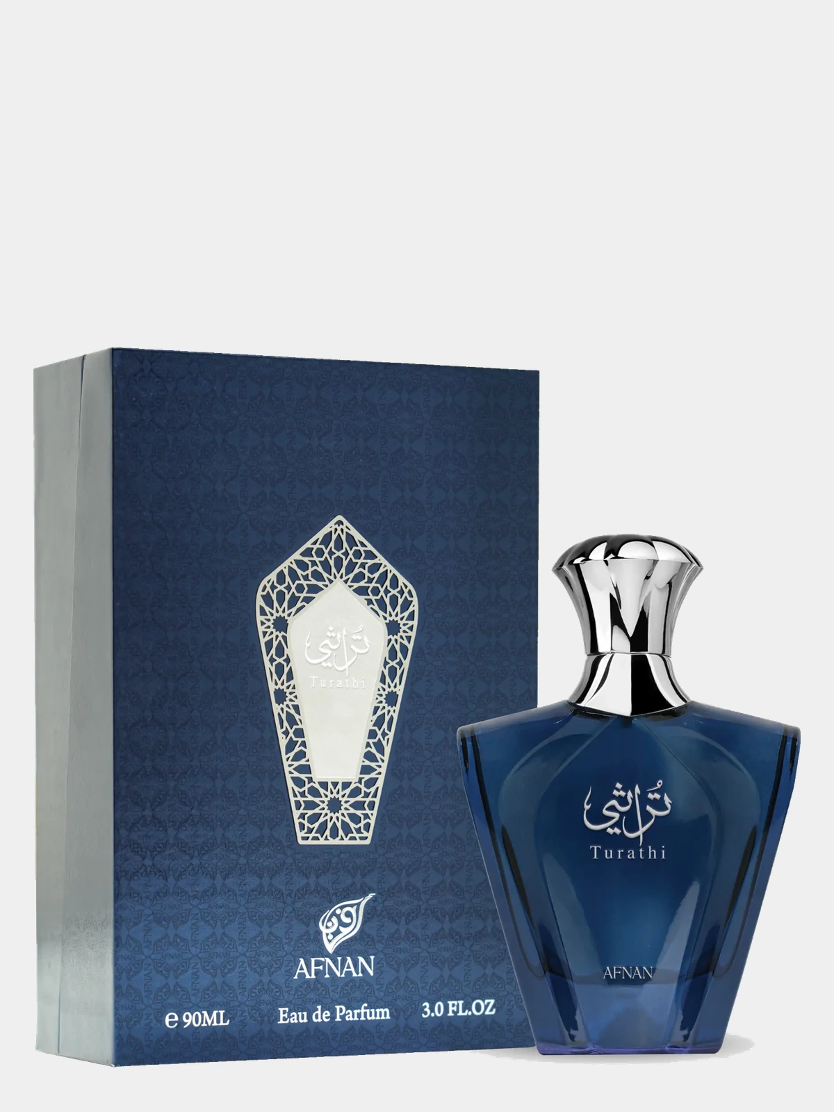 Afnan Turathi Blue · Eau de Parfum 90 ml · para Hombre — frasco junto a su caja vista de lado