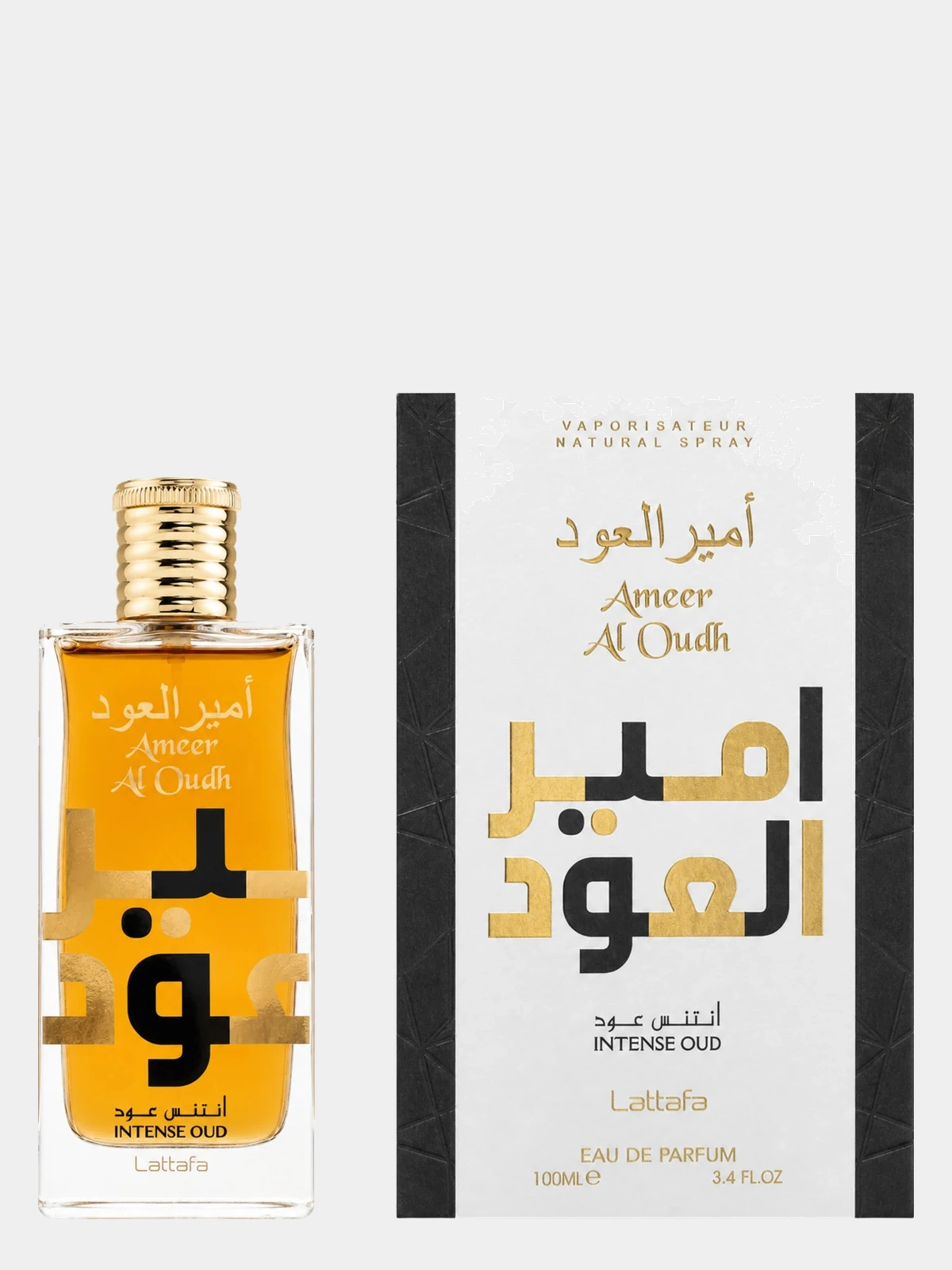 Lattafa Ameer Al Oudh Intense Oud · Eau de Parfum 60 ml · para Hombre — frasco junto a su caja