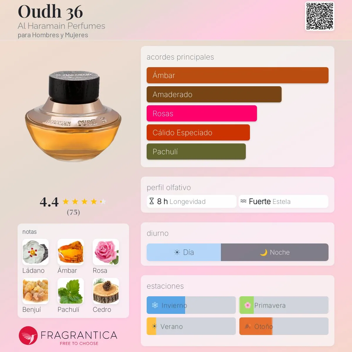 Al Haramain Oudh 36 · Eau de Parfum 75 ml · para Hombre — pirámide olfativa con las notas de salida, corazón y fondo