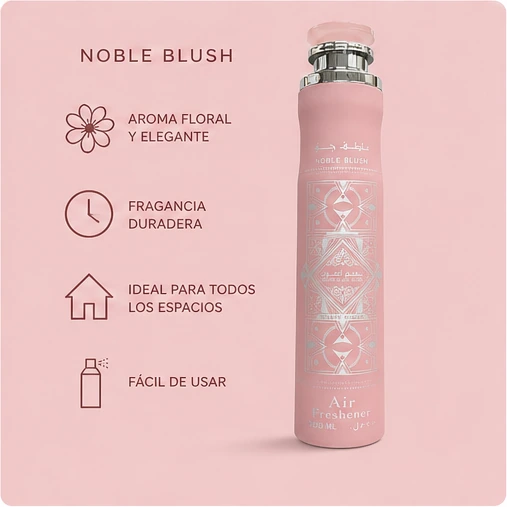 Lattafa Bade'e Al Oud Noble Blush · Ambientador Árabe — resumen ilustrado de sus características