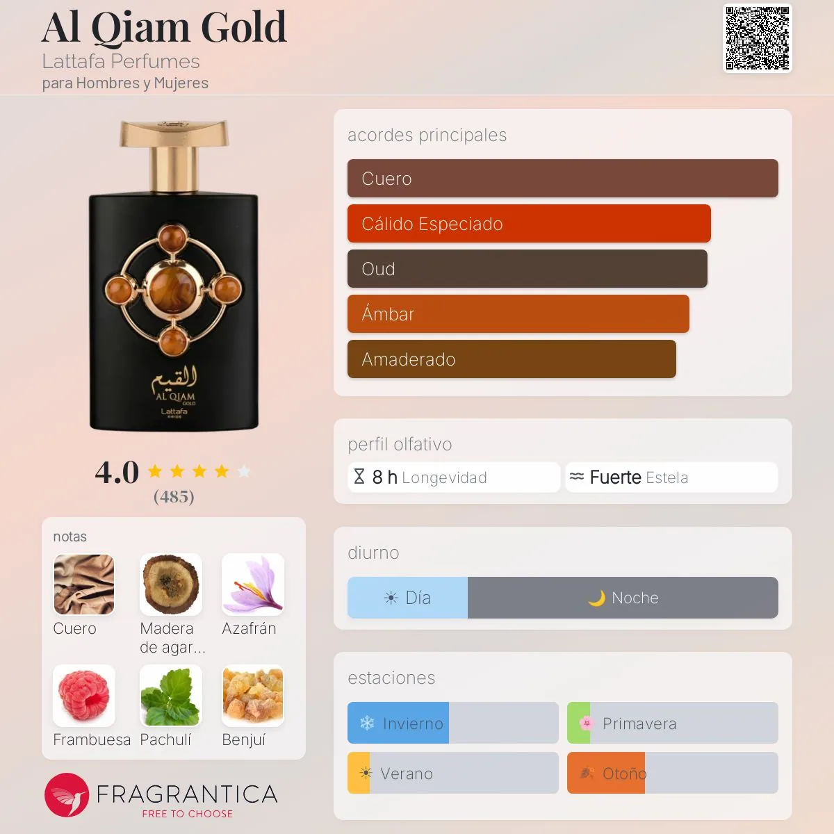 Lattafa Al Qiam Gold · Eau de Parfum 100 ml · para Hombre — pirámide olfativa con las notas de salida, corazón y fondo