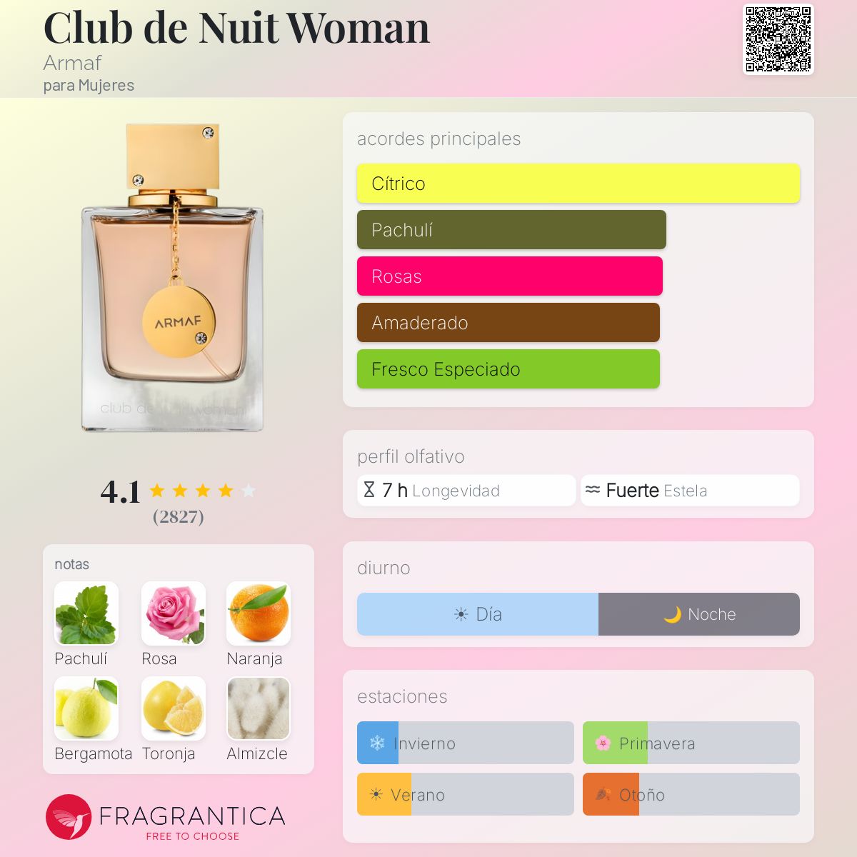 Armaf Club de Nuit Women · Eau de Parfum 105 ml · para Mujer — pirámide olfativa con las notas de salida, corazón y fondo