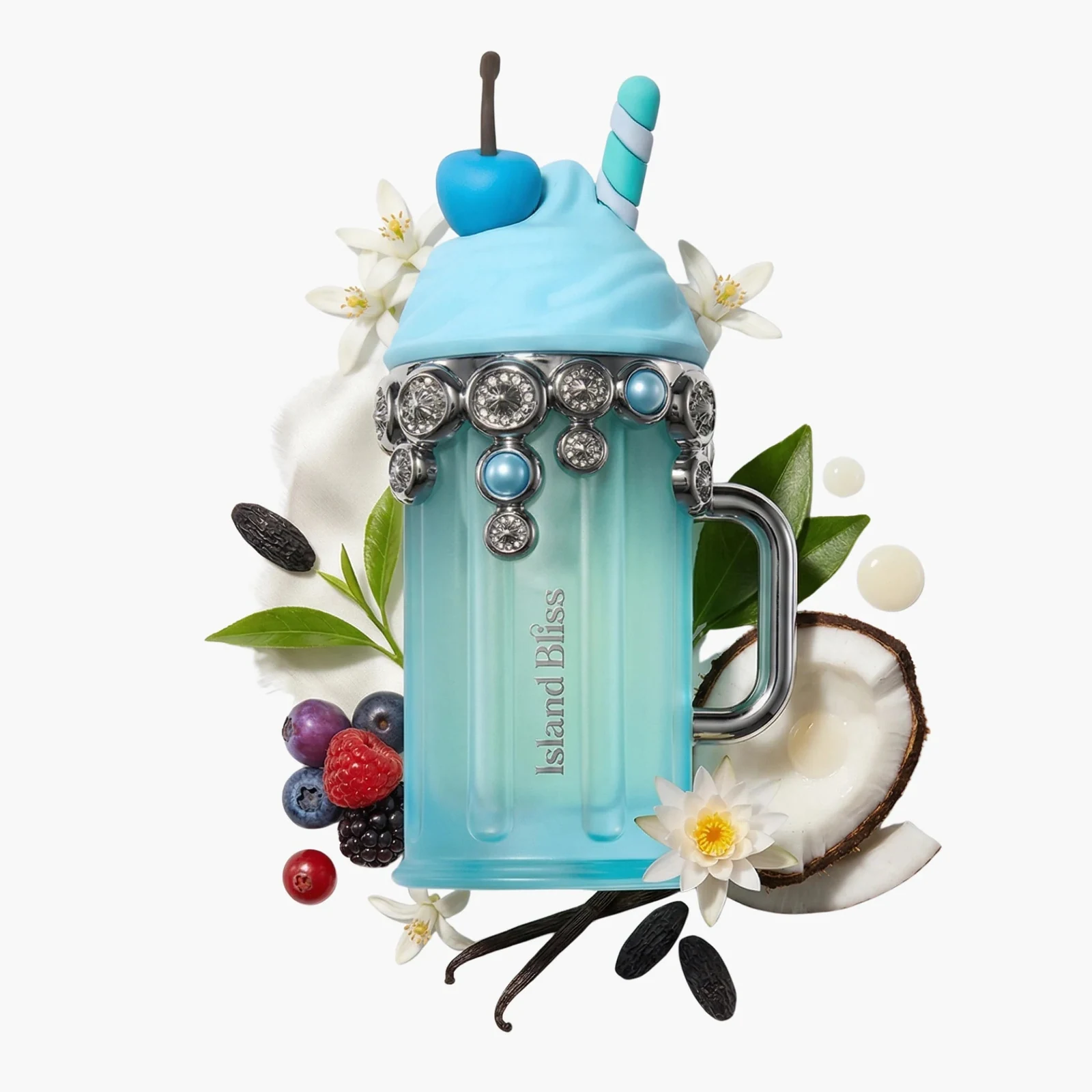 Armaf Island Bliss · Eau de Parfum 100 ml · para Mujer — el frasco en un bodegón de ingredientes