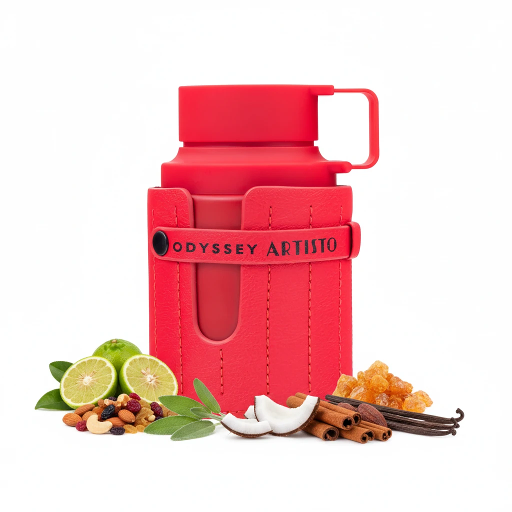 Armaf Odyssey Artisto · 100 ml · Unisex — el frasco en un bodegón de ingredientes